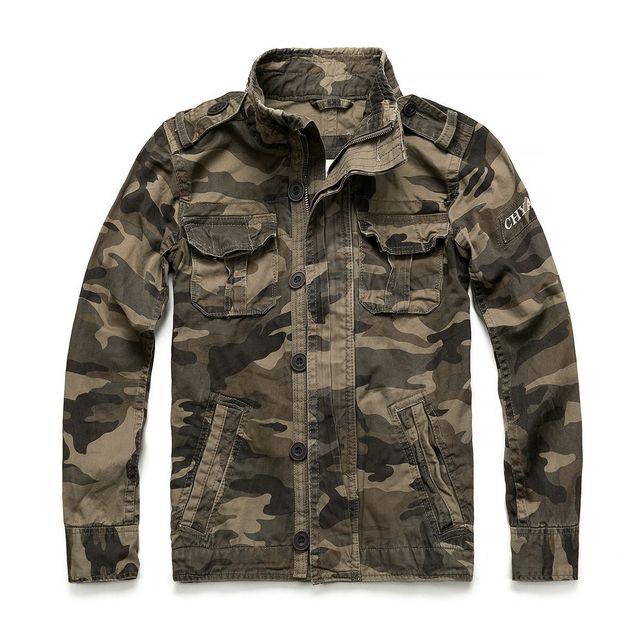 Military Denim Jacket Men Retro Camo Multi-pockets Brown Men's Clothing - Tophatter Daily Deals