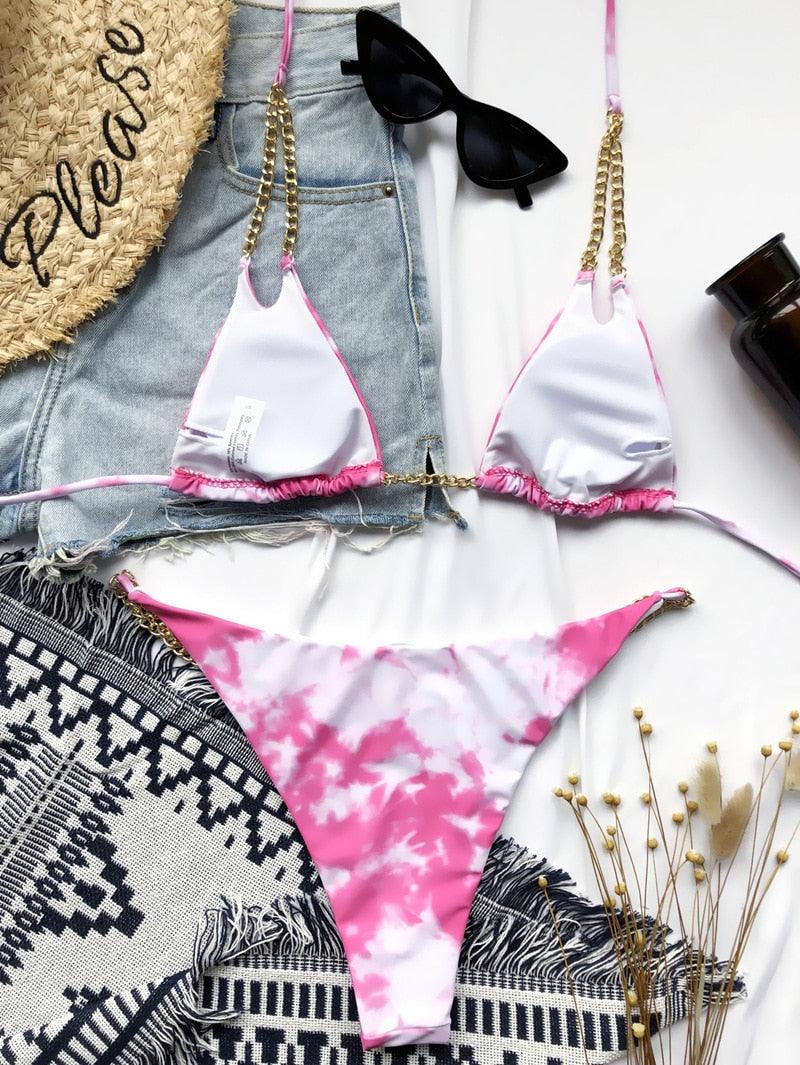 Mini Bikini Tie Dye Swimwear Women Metal Chain Patchwork Bathing suit Triangle Bikinis Women's Swimsuit Women Sparkle Glitter Swimwear Sequin Bikini Shiny String Bra Swimsuit Beach Wear Women's Swimwear - Tophatter Daily Deals