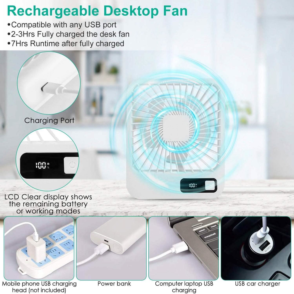 Mini Desktop Cooling Fan Rechargeable Battery Powered with LCD Display Household Appliances - Tophatter Daily Deals