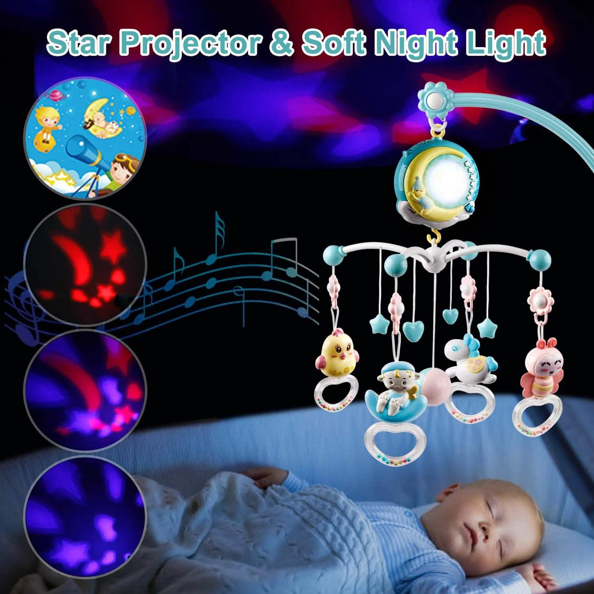 Mobile Star Projection Nursery Light Baby Rattle Toy with Music Box Remote Control Baby Gear - Tophatter Daily Deals
