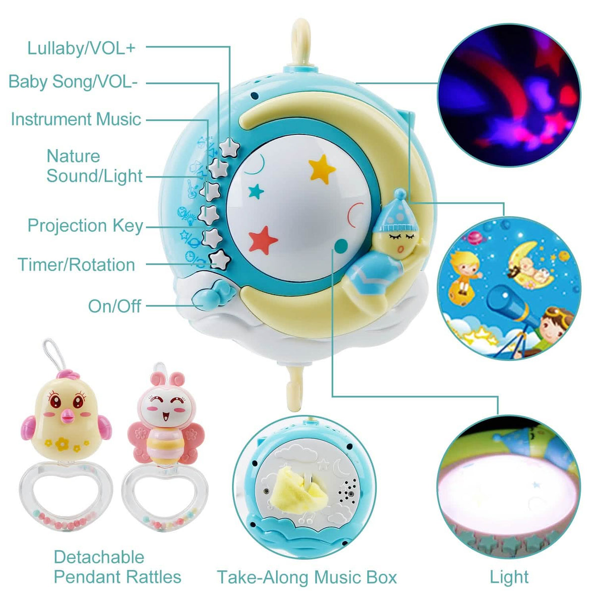 Mobile Star Projection Nursery Light Baby Rattle Toy with Music Box Remote Control Baby Gear - Tophatter Daily Deals