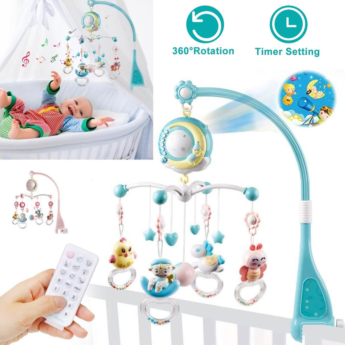 Mobile Star Projection Nursery Light Baby Rattle Toy with Music Box Remote Control Baby Gear - Tophatter Daily Deals