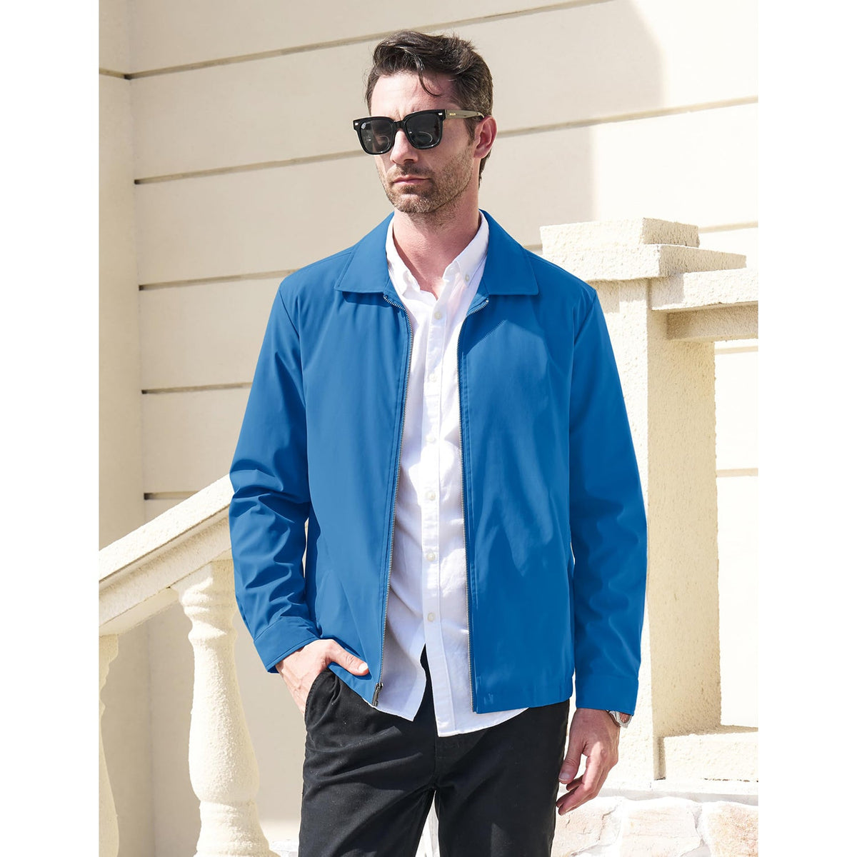 Modern Work Outings Coat With Zipper Pockets Blue Green Men's Clothing - Tophatter Daily Deals