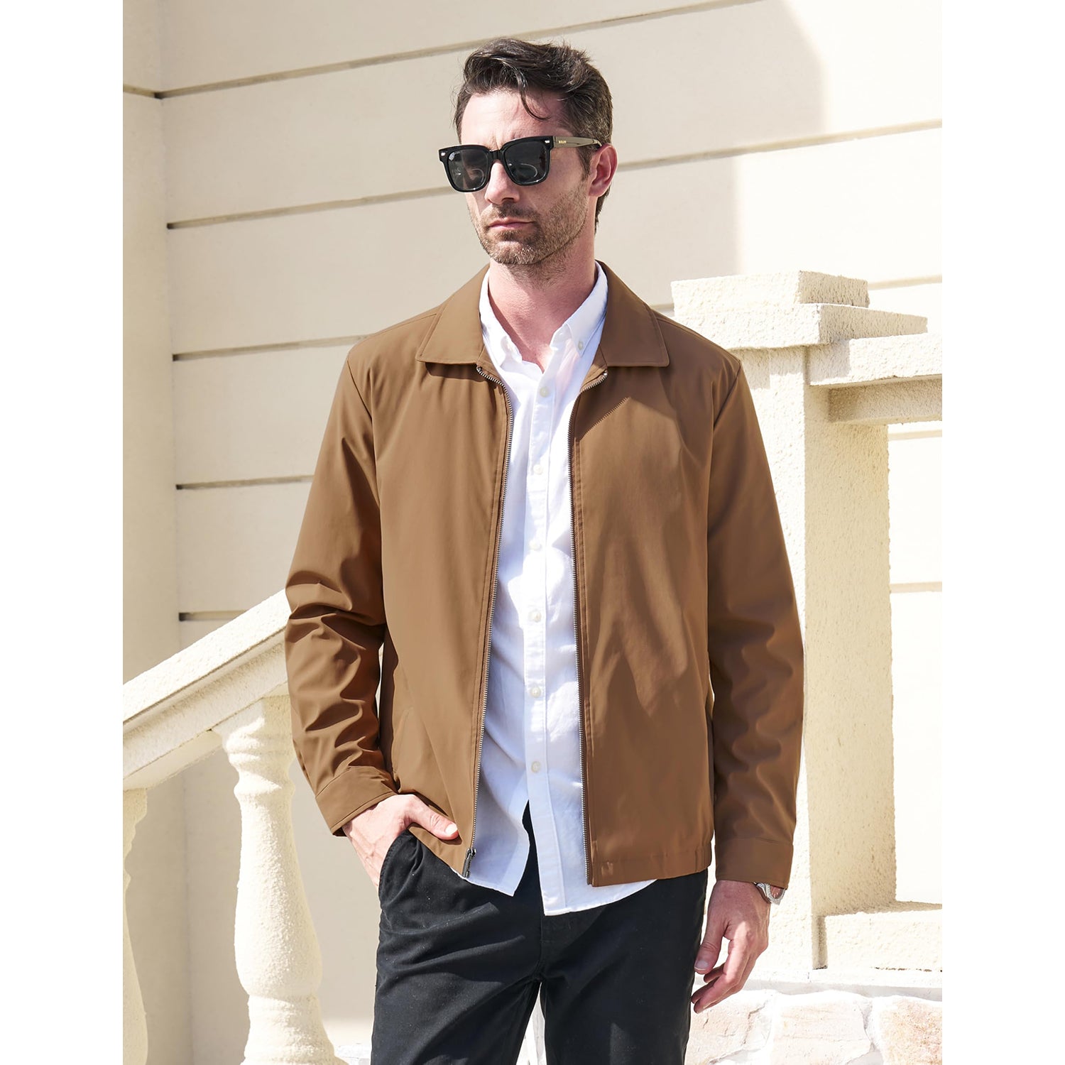 Modern Work Outings Coat With Zipper Pockets Brown Men's Clothing - Tophatter Daily Deals