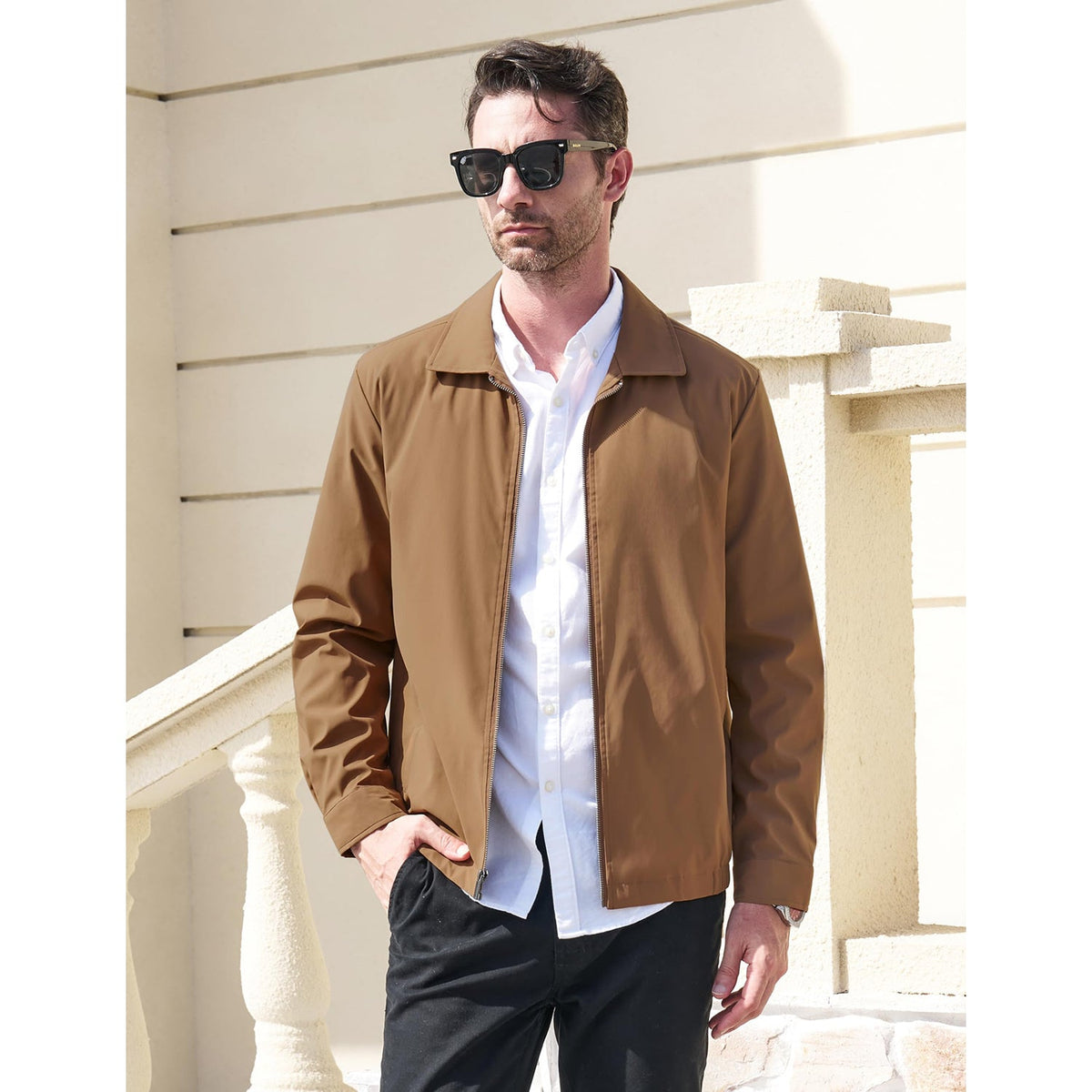 Modern Work Outings Coat With Zipper Pockets Brown Men's Clothing - Tophatter Daily Deals