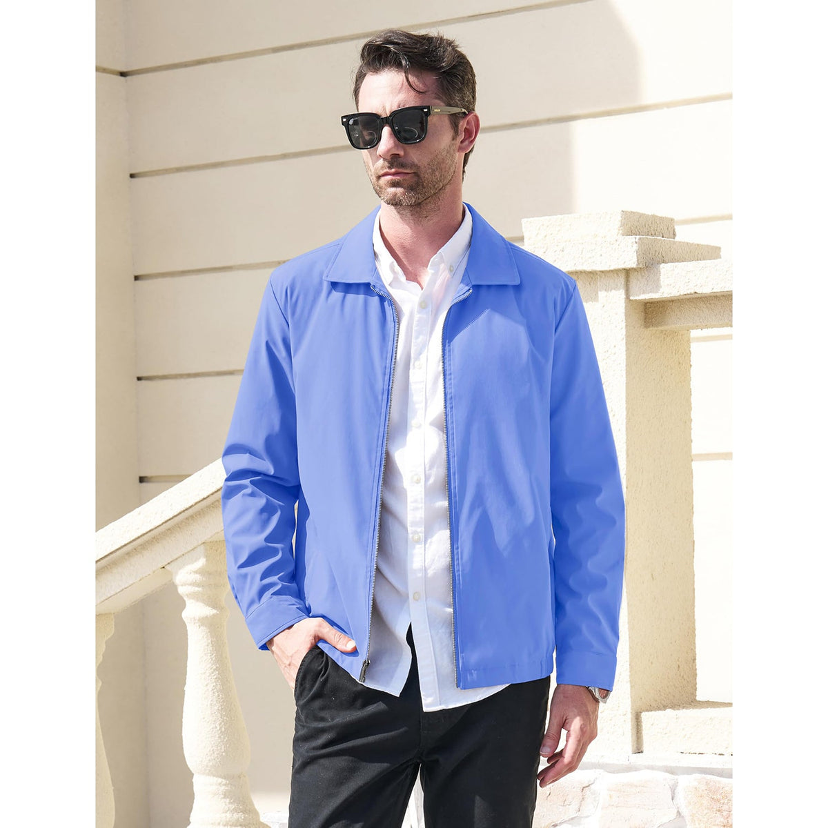 Modern Work Outings Coat With Zipper Pockets Light Blue Men's Clothing - Tophatter Daily Deals