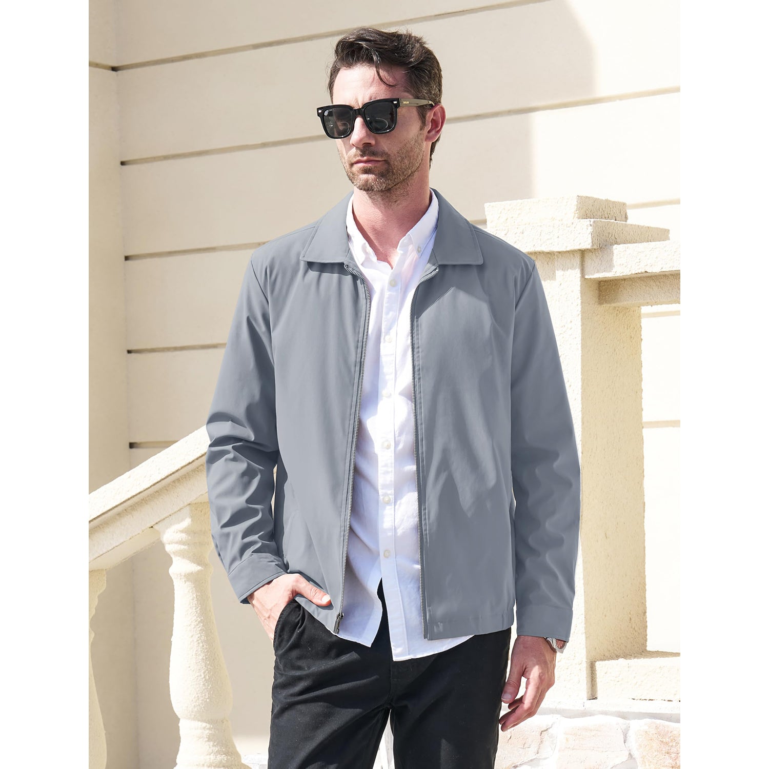 Modern Work Outings Coat With Zipper Pockets Light Gray Men's Clothing - Tophatter Daily Deals