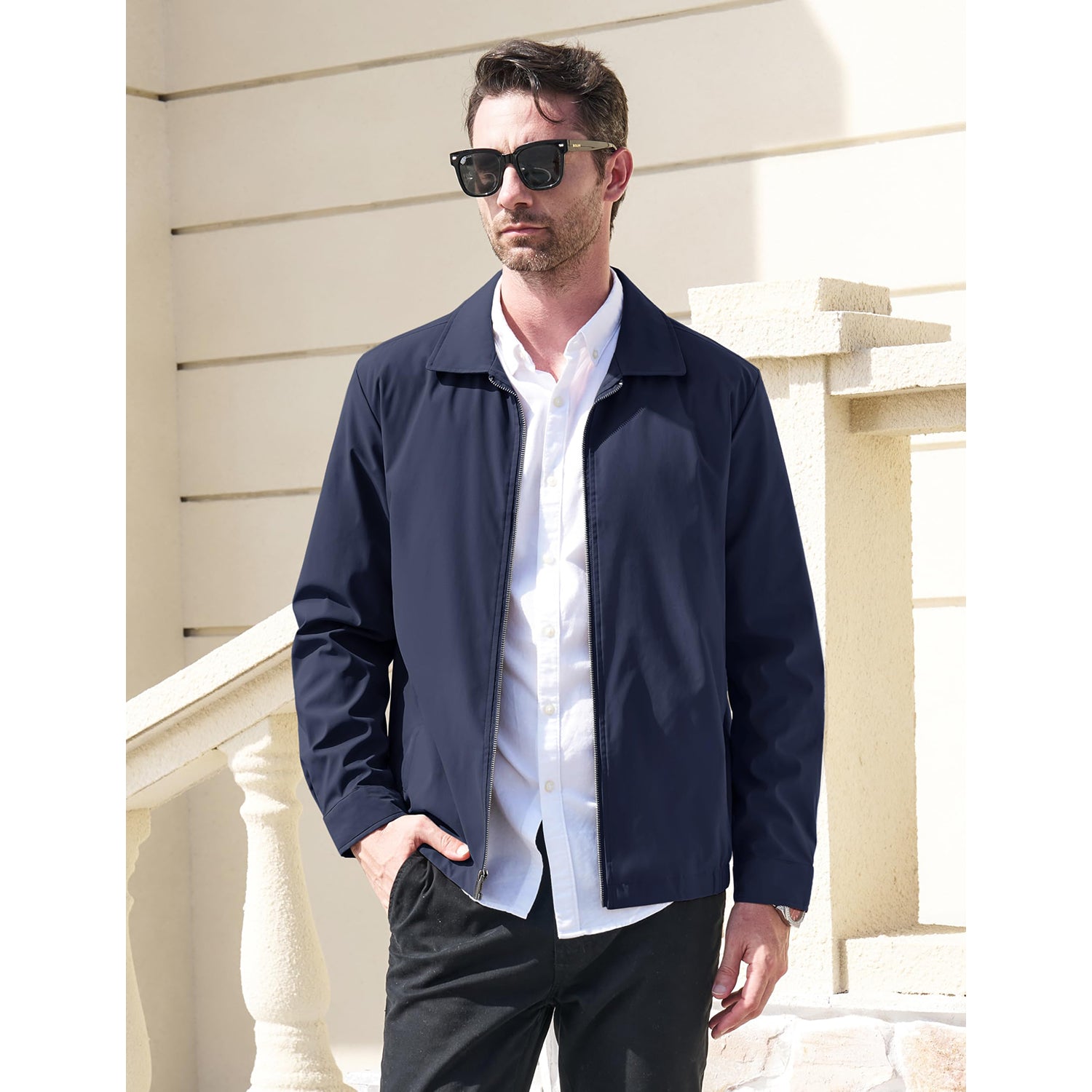 Modern Work Outings Coat With Zipper Pockets Navy Blue Men's Clothing - Tophatter Daily Deals