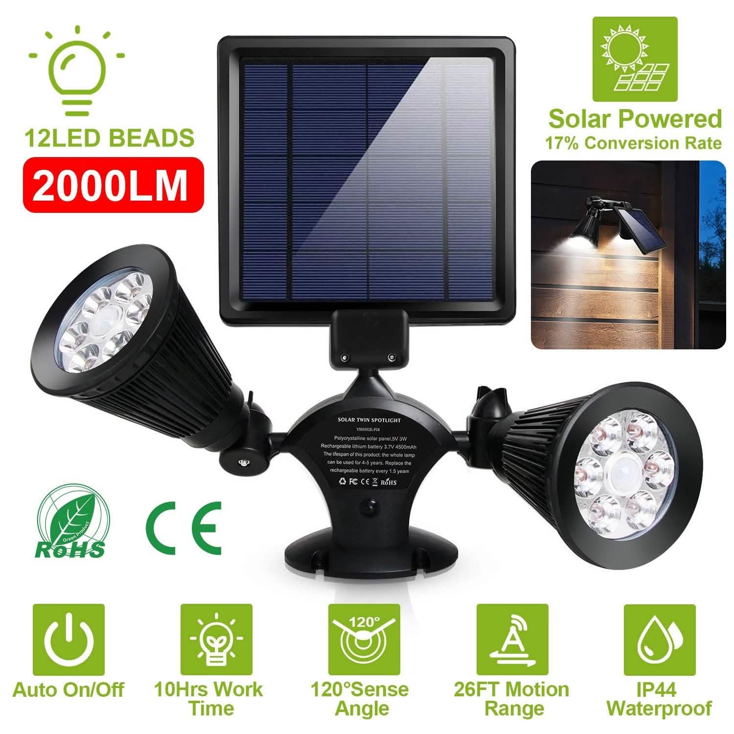 Motion Sensor Spotlights 2000lm Security Lights with Dual Head 360 Degree Rotatable Outdoor Lighting - Tophatter Daily Deals