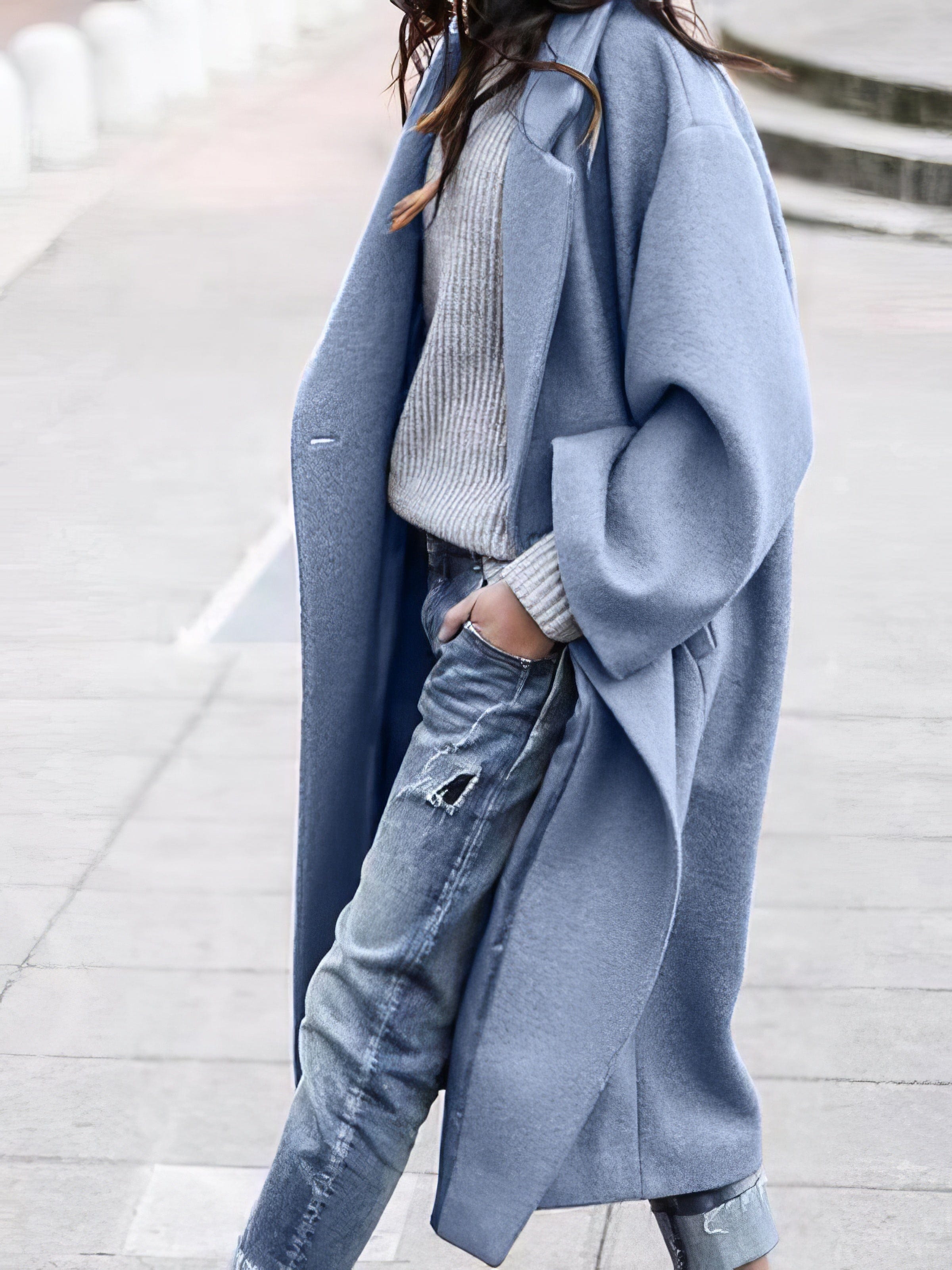 Oversized Women Long Winter Coat - Relaxed Wool, For Cold Blue - Tophatter Daily Deals