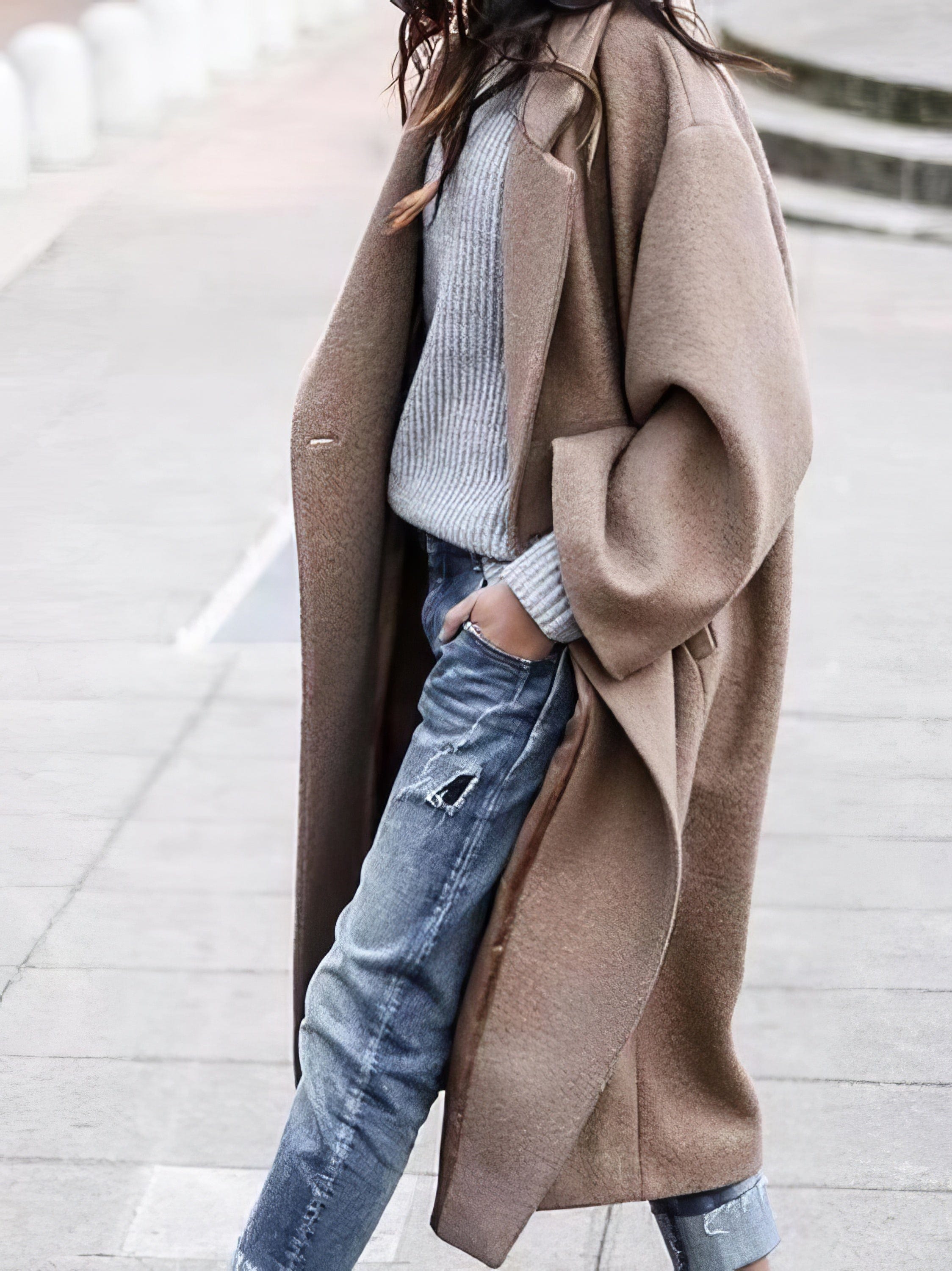 Oversized Women Long Winter Coat - Relaxed Wool, For Cold Khaki - Tophatter Daily Deals