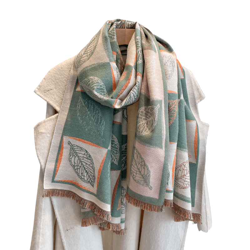 Green & Orange Leaves Patterned Fringe-Trimmed Scarf Multi Scarves - Tophatter Daily Deals