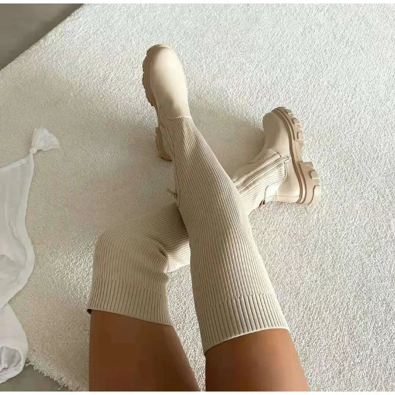 Stretchy Flattering Women’s Thigh-High Sock Boots - Knit Beige - Tophatter Daily Deals