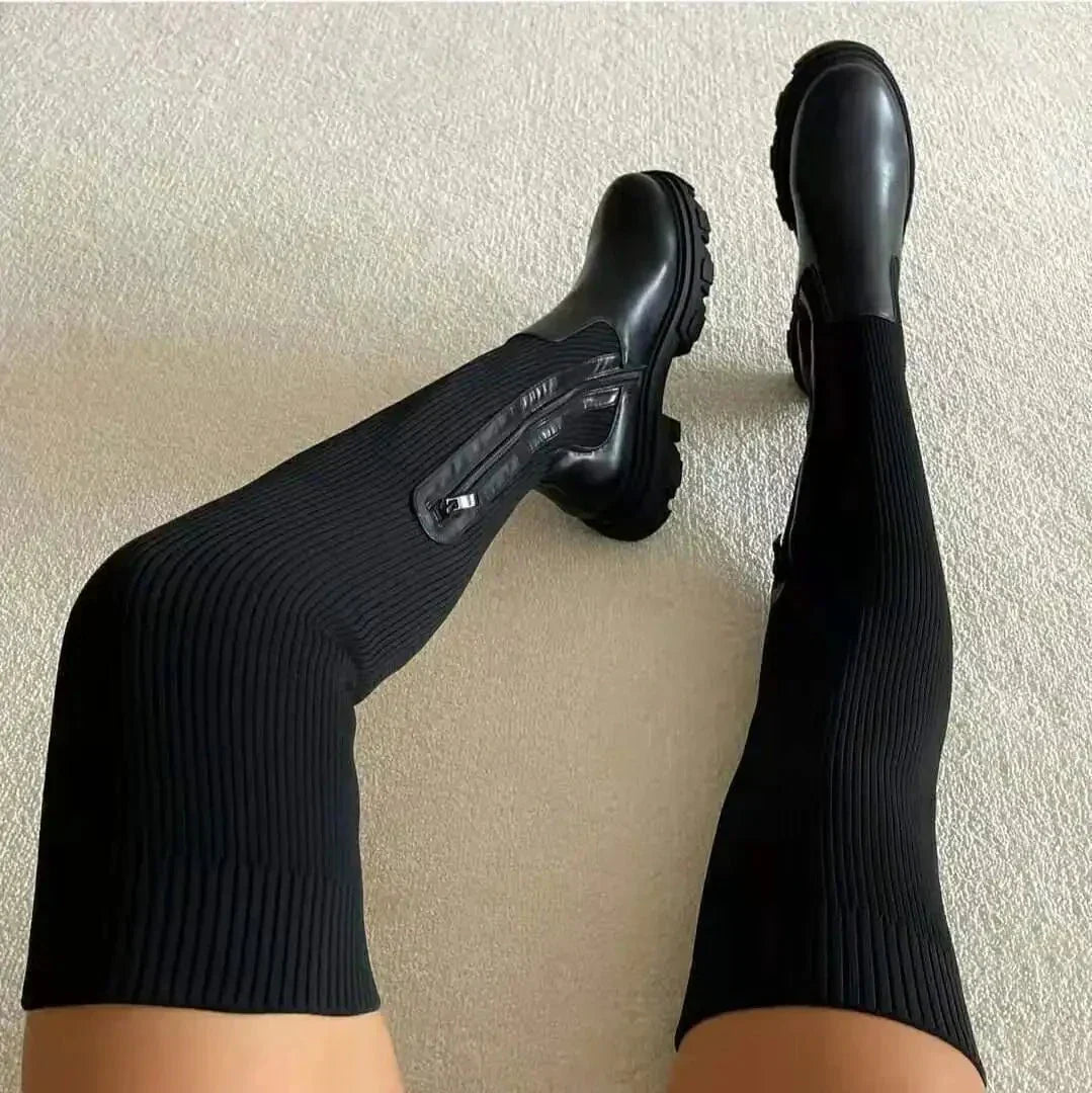 Stretchy Flattering Women’s Thigh-High Sock Boots - Knit Black - Tophatter Daily Deals