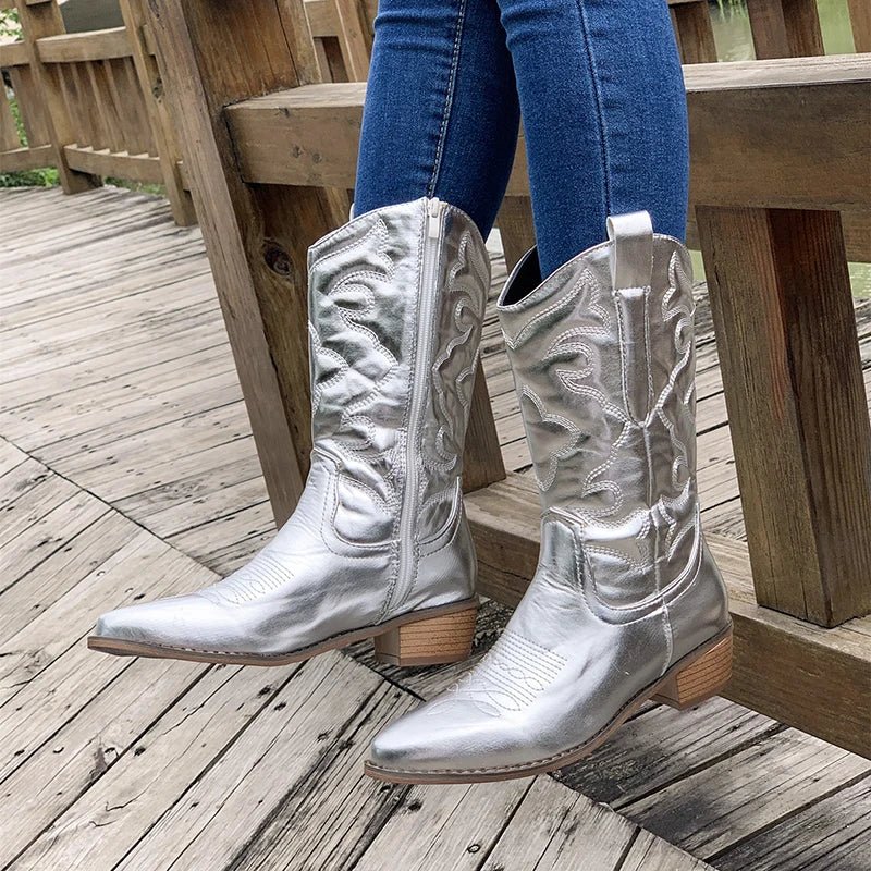 Durable Womens Western Boots - Mid Calf, Leather, Casual Silver - Tophatter Daily Deals