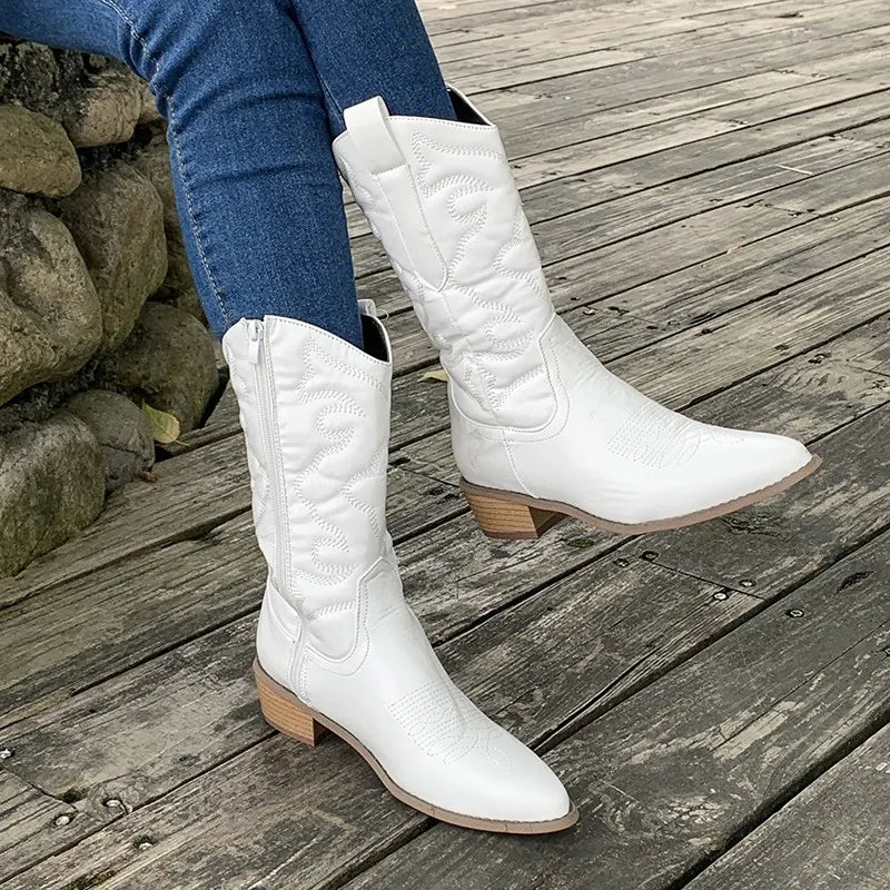 Durable Womens Western Boots - Mid Calf, Leather, Casual White - Tophatter Daily Deals
