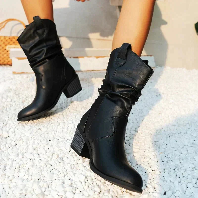 Supportive Women’s Western Boots - Slouch Faux Leather Black - Tophatter Daily Deals