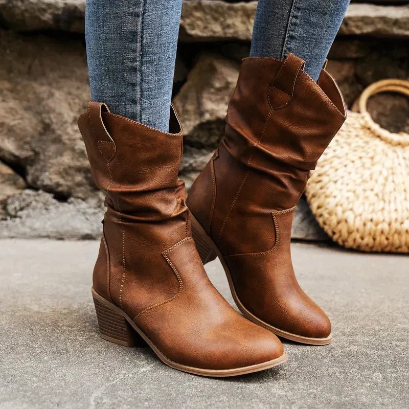 Supportive Women’s Western Boots - Slouch Faux Leather Brown - Tophatter Daily Deals