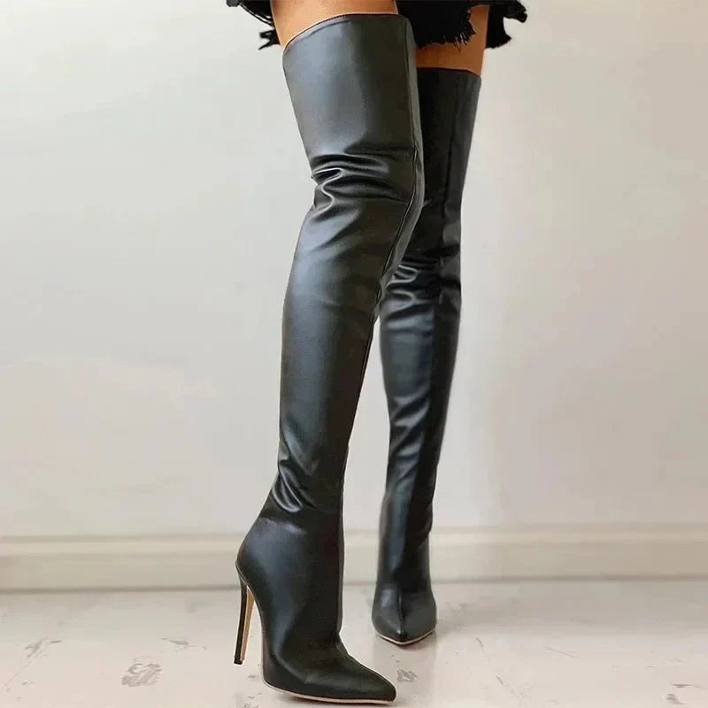 Fitted Women Thigh-High Stiletto Boots - Leather, Evening - Tophatter Daily Deals