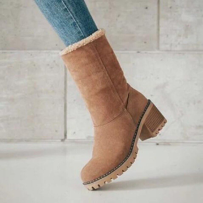 Insulating Women’s Winter Boots - Mid Calf Suede Cozy Lining Khaki - Tophatter Daily Deals