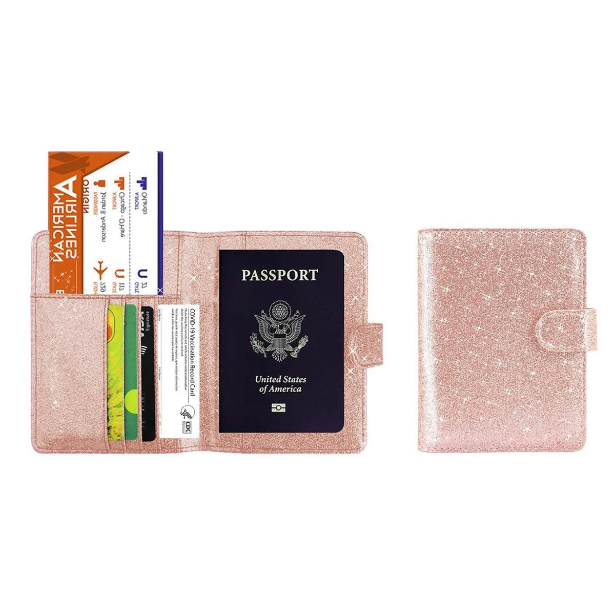 Multi Function Glitter Bling RFID Passport Organizer With CDC Vaccination Card Holder Rose Gold Handbags & Wallets - Tophatter Daily Deals