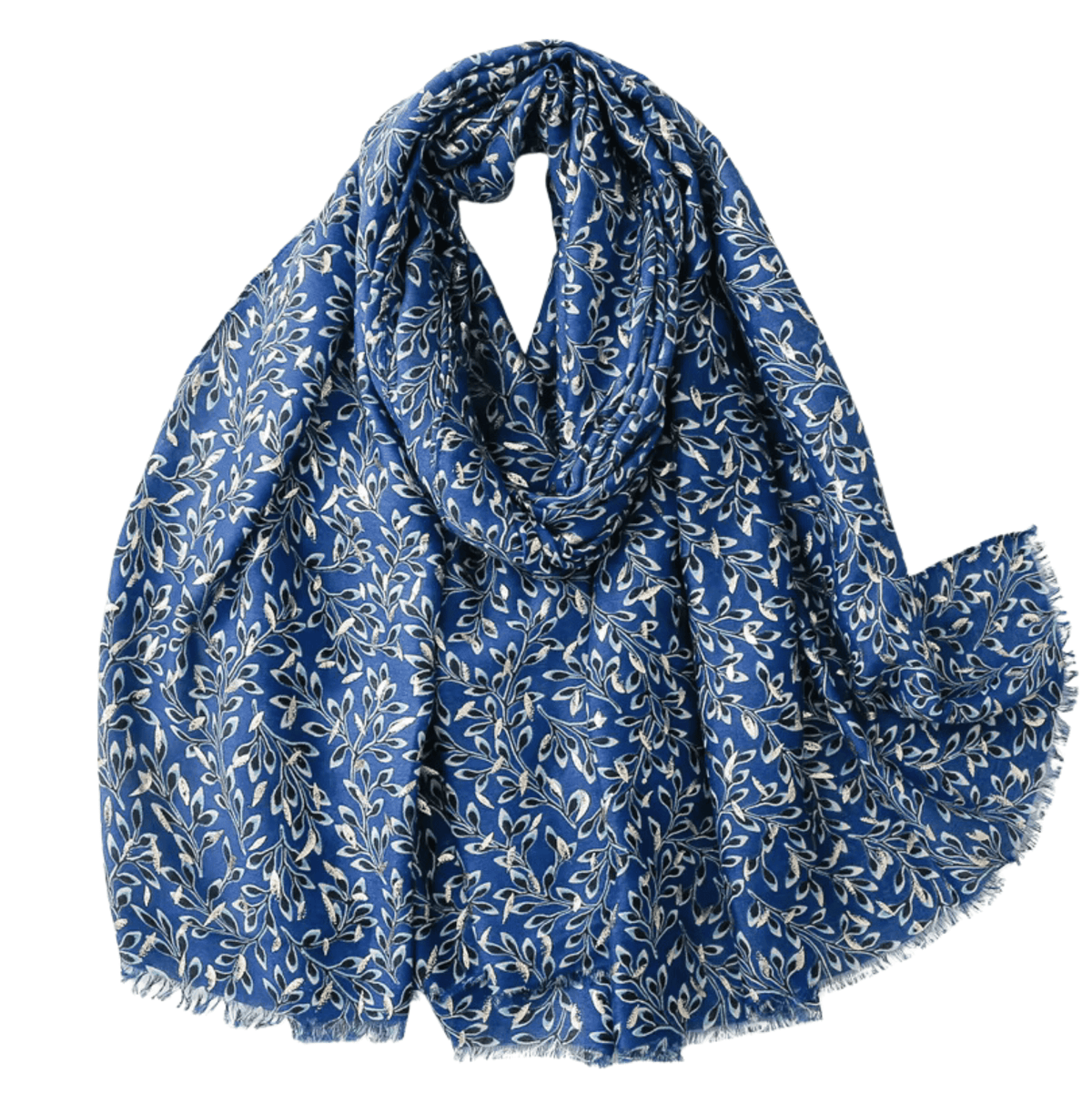 Timeless Botanical Scarf with White Leaf Motifs in Rich Blue Multi Scarves - Tophatter Daily Deals