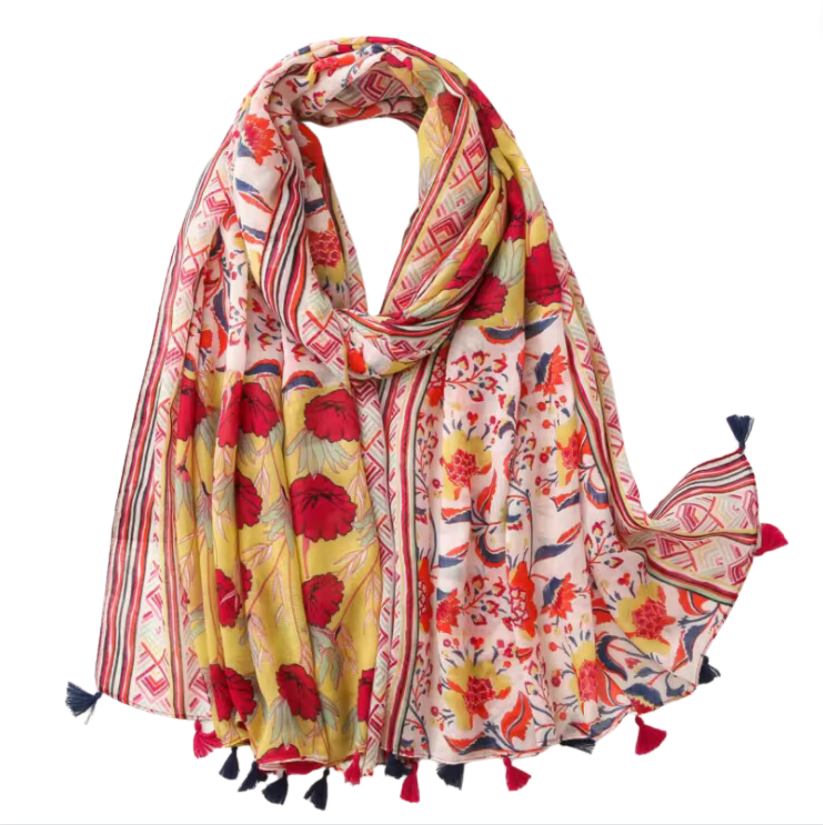 Floral Lightweight Scarf with Tassels in Red Hues Multi Scarves - Tophatter Daily Deals