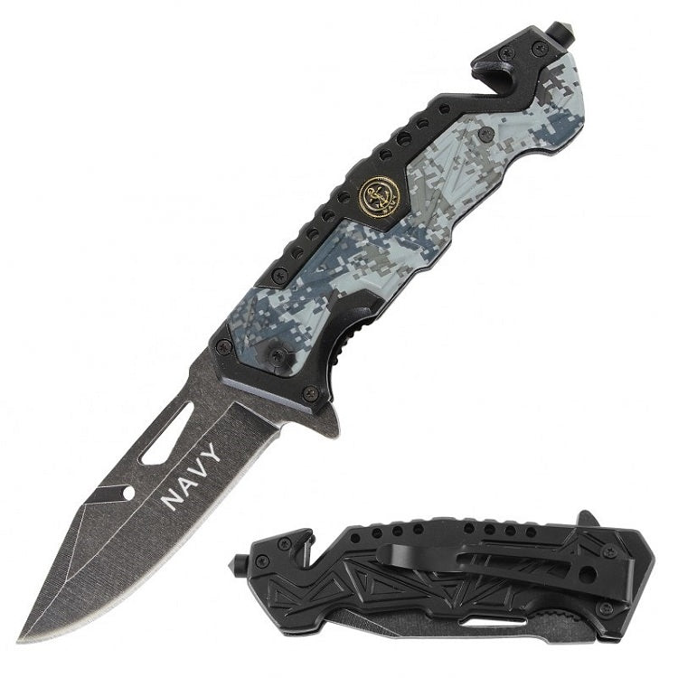 Rescue Spring Assist Navy Folding Knife - Digital Camo - TOPHATTER'S ARMORY DEALS Collectible Weapons - Tophatter Daily Deals