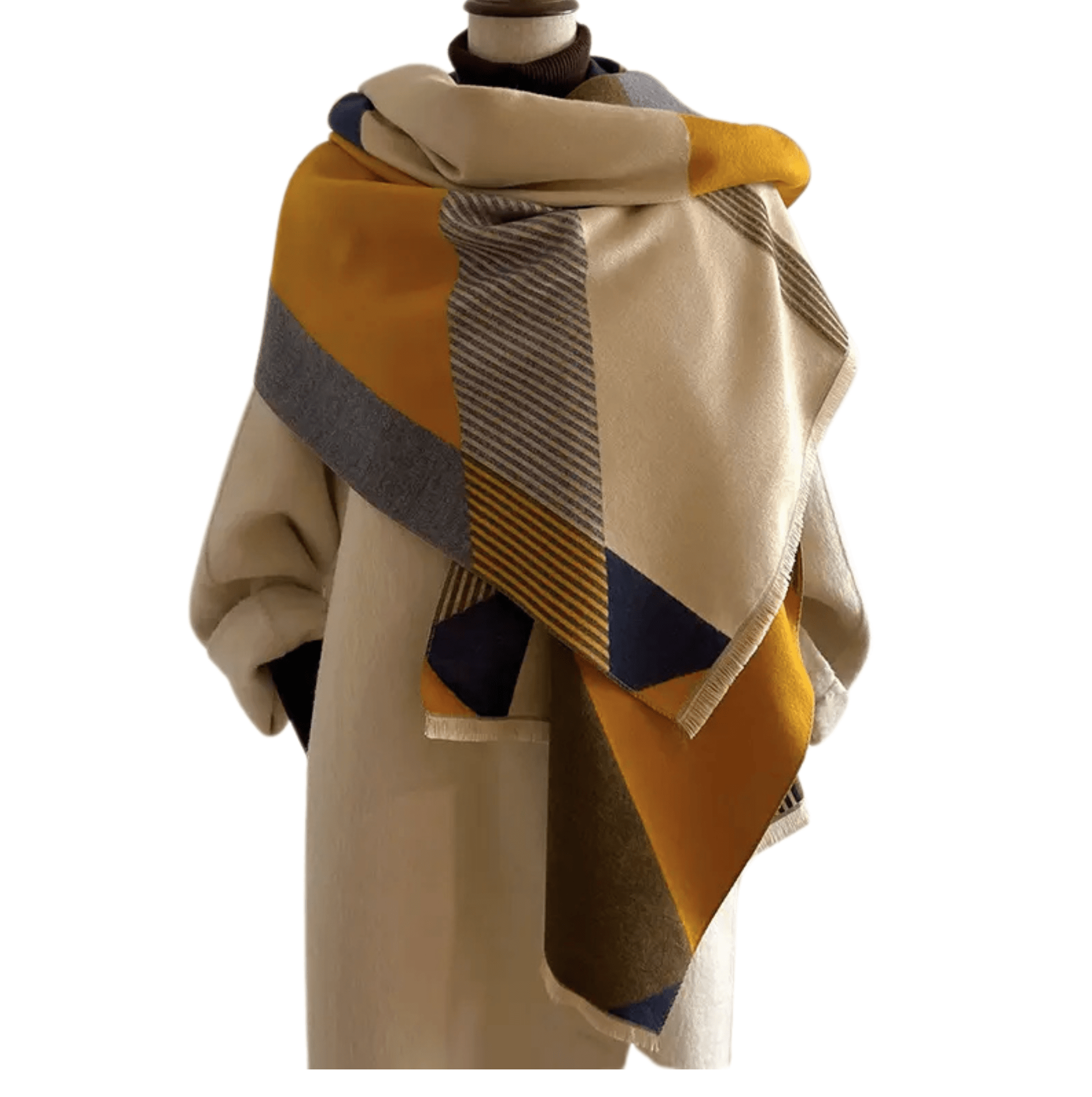 Geometric Color-Block Scarf in Navy and Mustard Earth Tones Multi Scarves - Tophatter Daily Deals