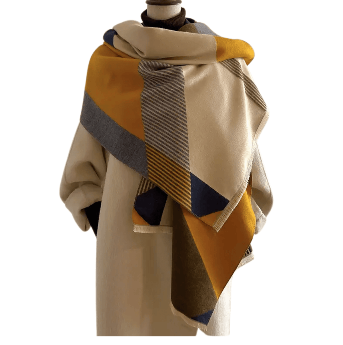Geometric Color-Block Scarf in Navy and Mustard Earth Tones Multi Scarves - Tophatter Daily Deals