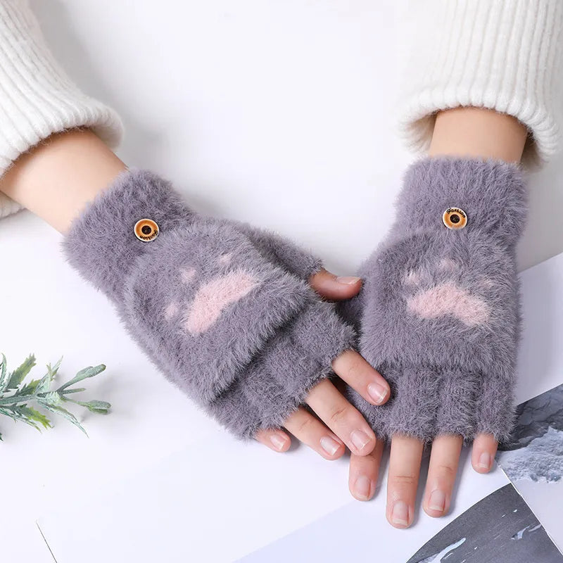 Soft Women’s Fingerless Mittens - Minky Foldover, Winter Dark gray - Tophatter Daily Deals
