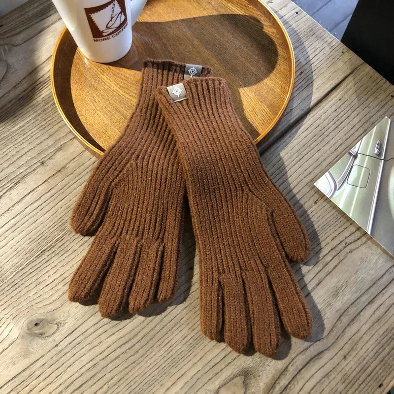 Warm Women Gloves - Ribbed Full Finger, Cotton Blend Bruin - Tophatter Daily Deals