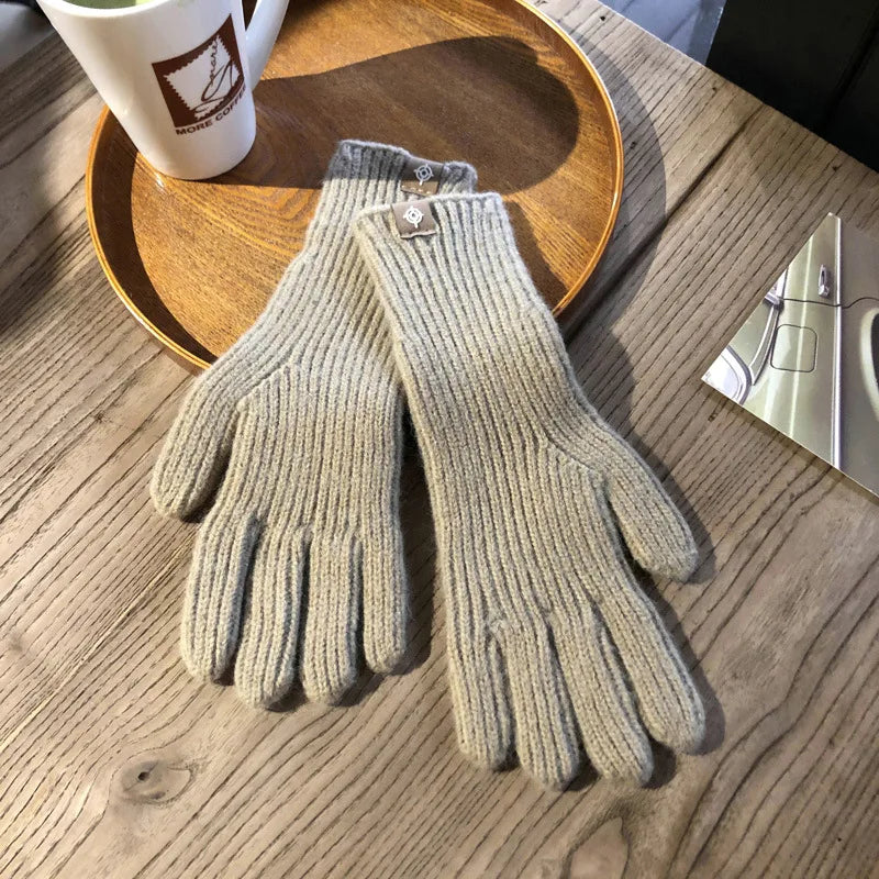 Warm Women Gloves - Ribbed Full Finger, Cotton Blend Khaki - Tophatter Daily Deals