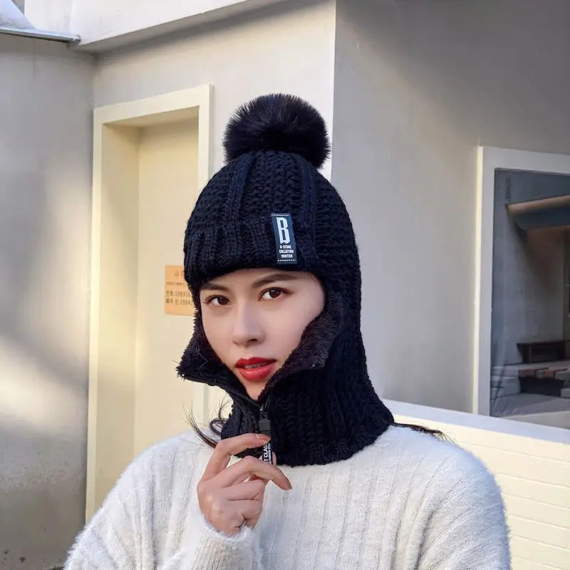 Warm Women's Knitted Balaclava - Ribbed Cotton Blend Black - Tophatter Daily Deals