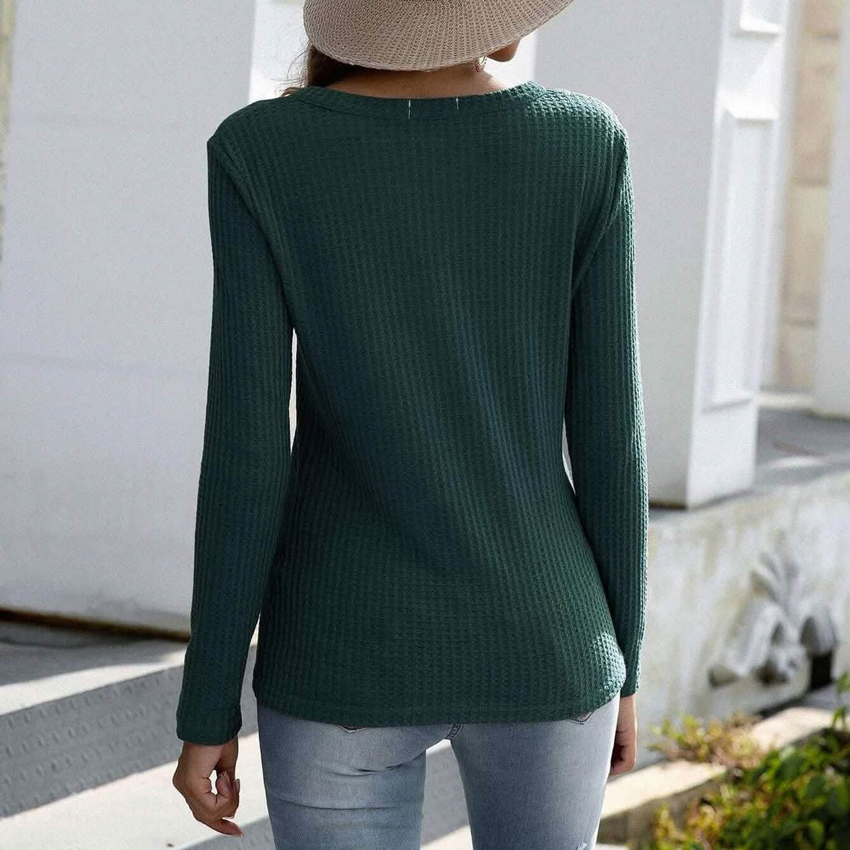 Notched Waffle Knit Solid Tee Women's Tops - Tophatter Daily Deals