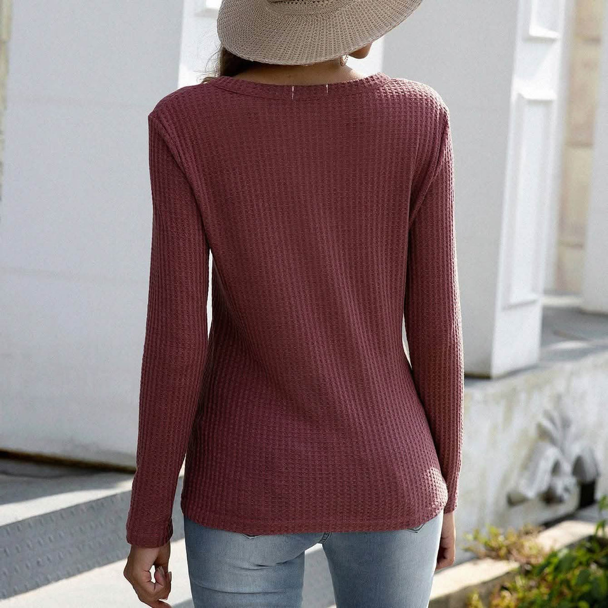 Notched Waffle Knit Solid Tee Women's Tops - Tophatter Daily Deals