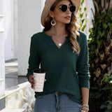 Notched Waffle Knit Solid Tee Dark Green Women's Tops - Tophatter Daily Deals
