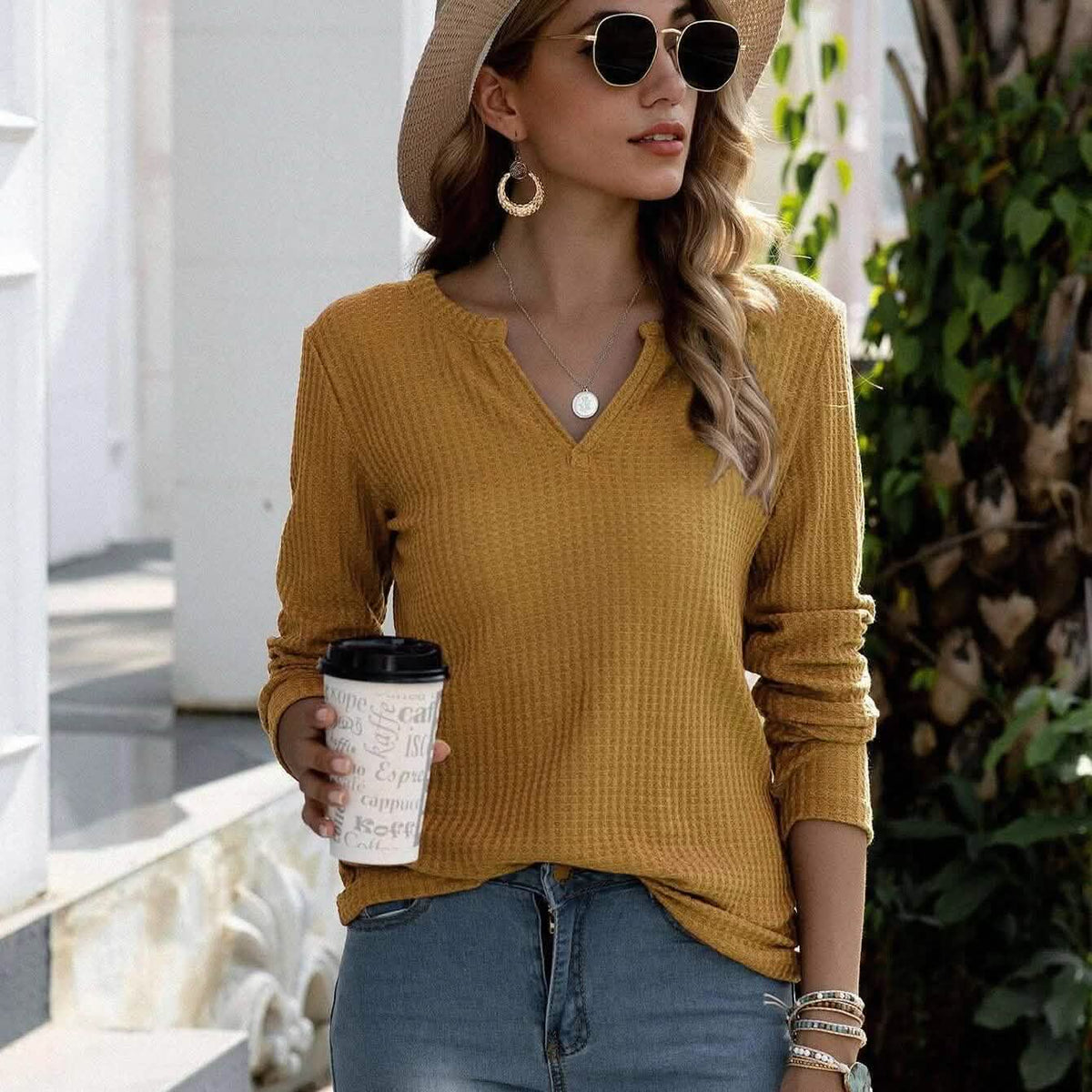 Notched Waffle Knit Solid Tee Yellow Women's Tops - Tophatter Daily Deals