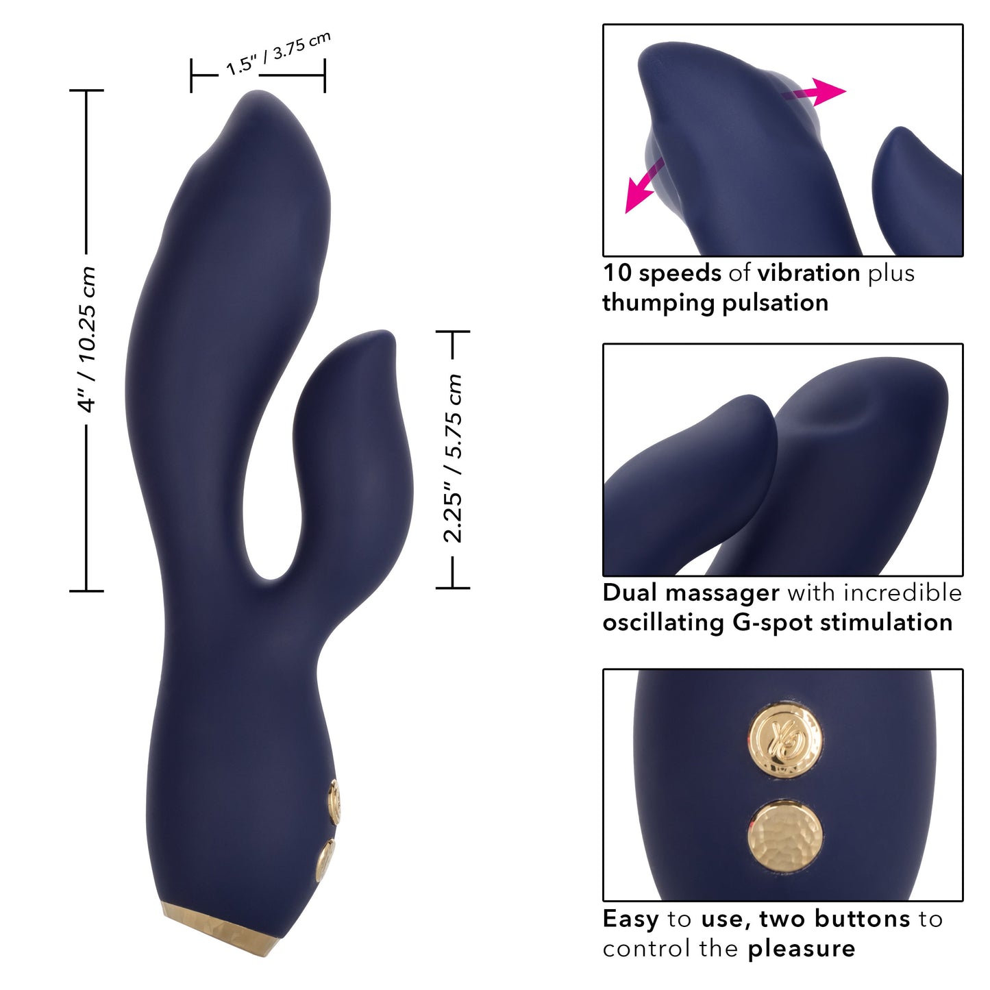 Chic Blossom Navy Blue Flexible Silicone Dual Motor Vibrator with Gold Accents, 10 Speeds, Waterproof and Rechargeable > Vibrators > Ladies > Rabbit - Tophatter Daily Deals
