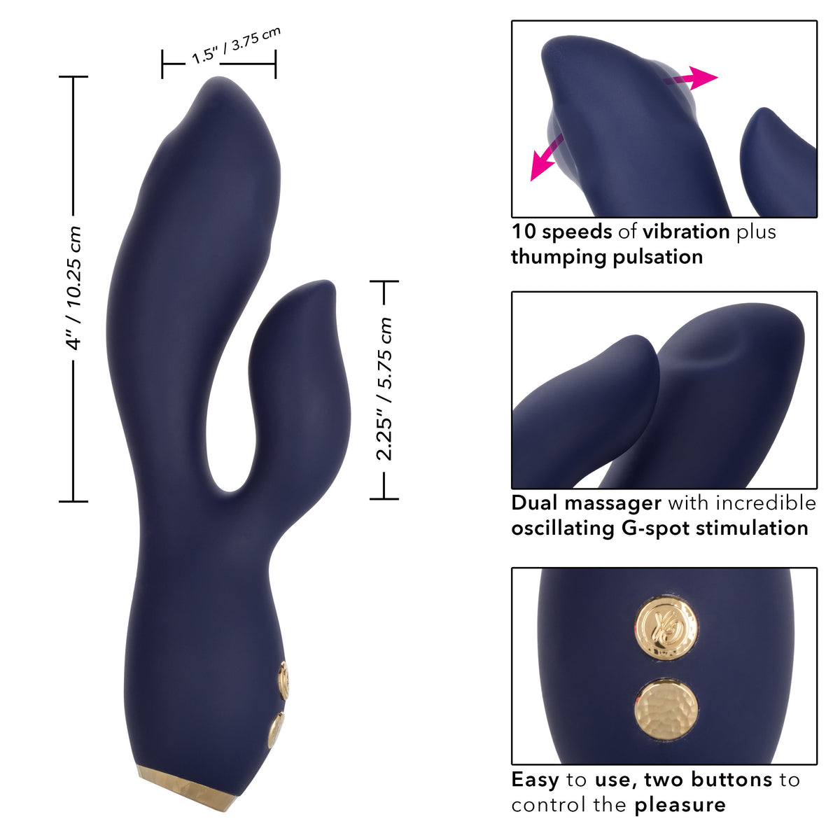 Chic Blossom Navy Blue Flexible Silicone Dual Motor Vibrator with Gold Accents, 10 Speeds, Waterproof and Rechargeable > Vibrators > Ladies > Rabbit - Tophatter Daily Deals