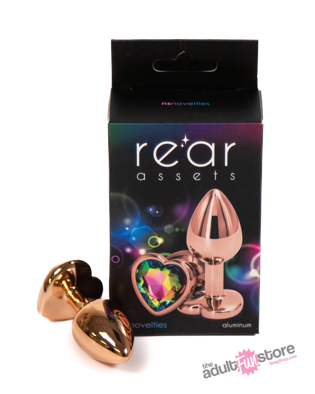 NS Novelties - Rear Assets - Aluminum Heart Butt Plug - Rose Gold/Rainbow - 2.75 Inch Sex Toy - Tophatter Daily Deals