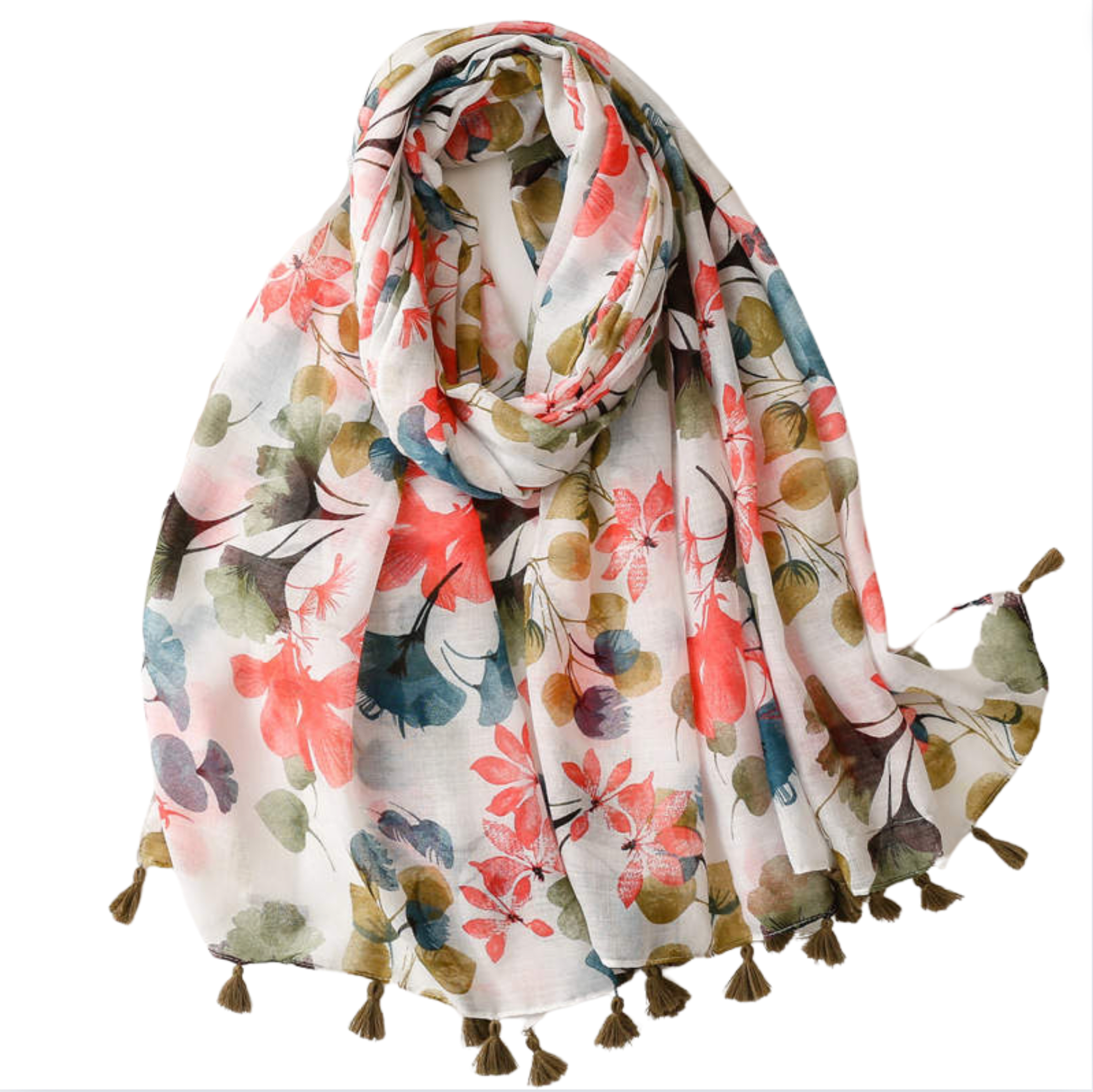Lily and Ginkgo Scarf with Tassels in Coral and Green Multi Scarves - Tophatter Daily Deals