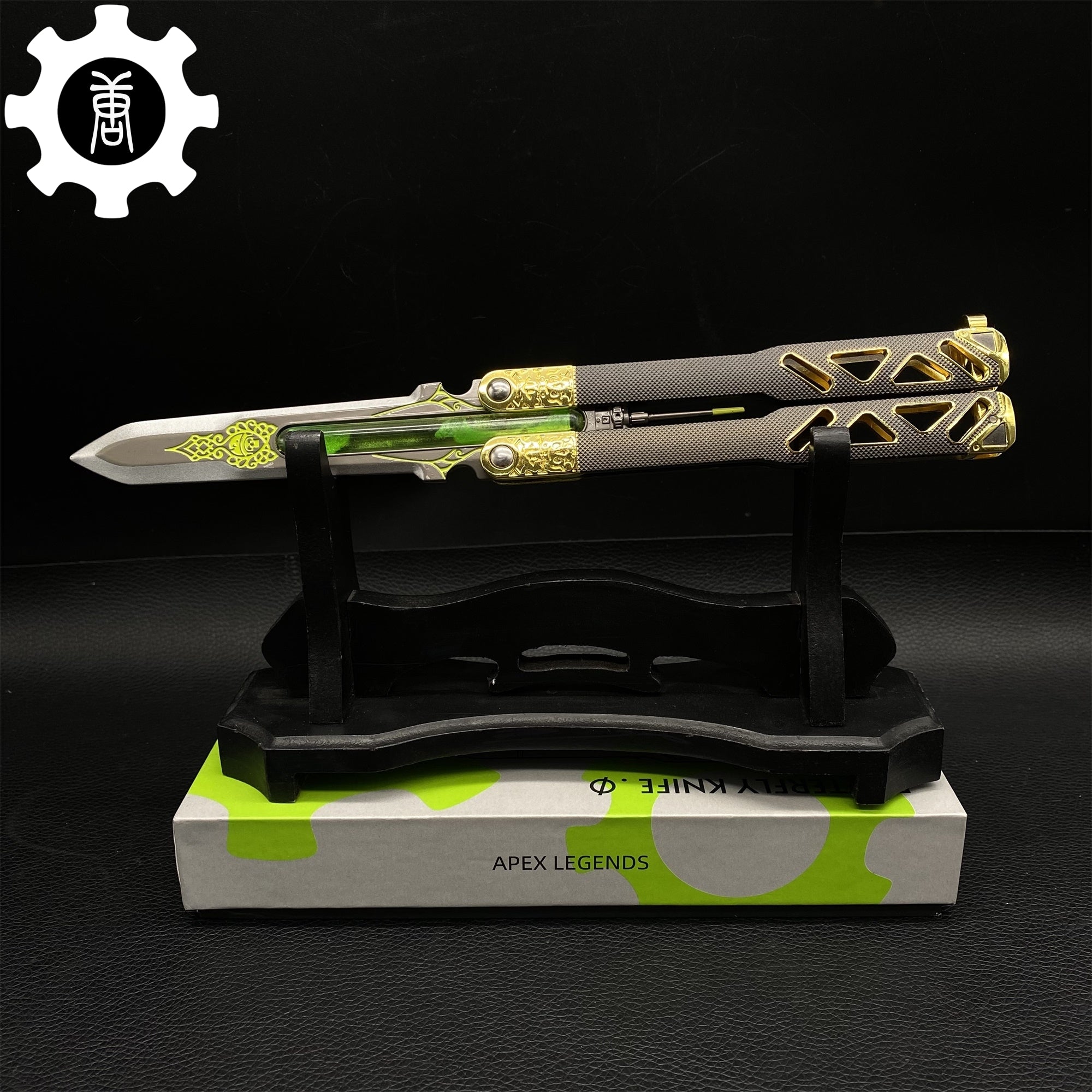 Octane Heirloom V3 Real Liquid Tube Octane Balisong Metal Replica Heirloom & Wooden Stand - Tophatter Daily Deals