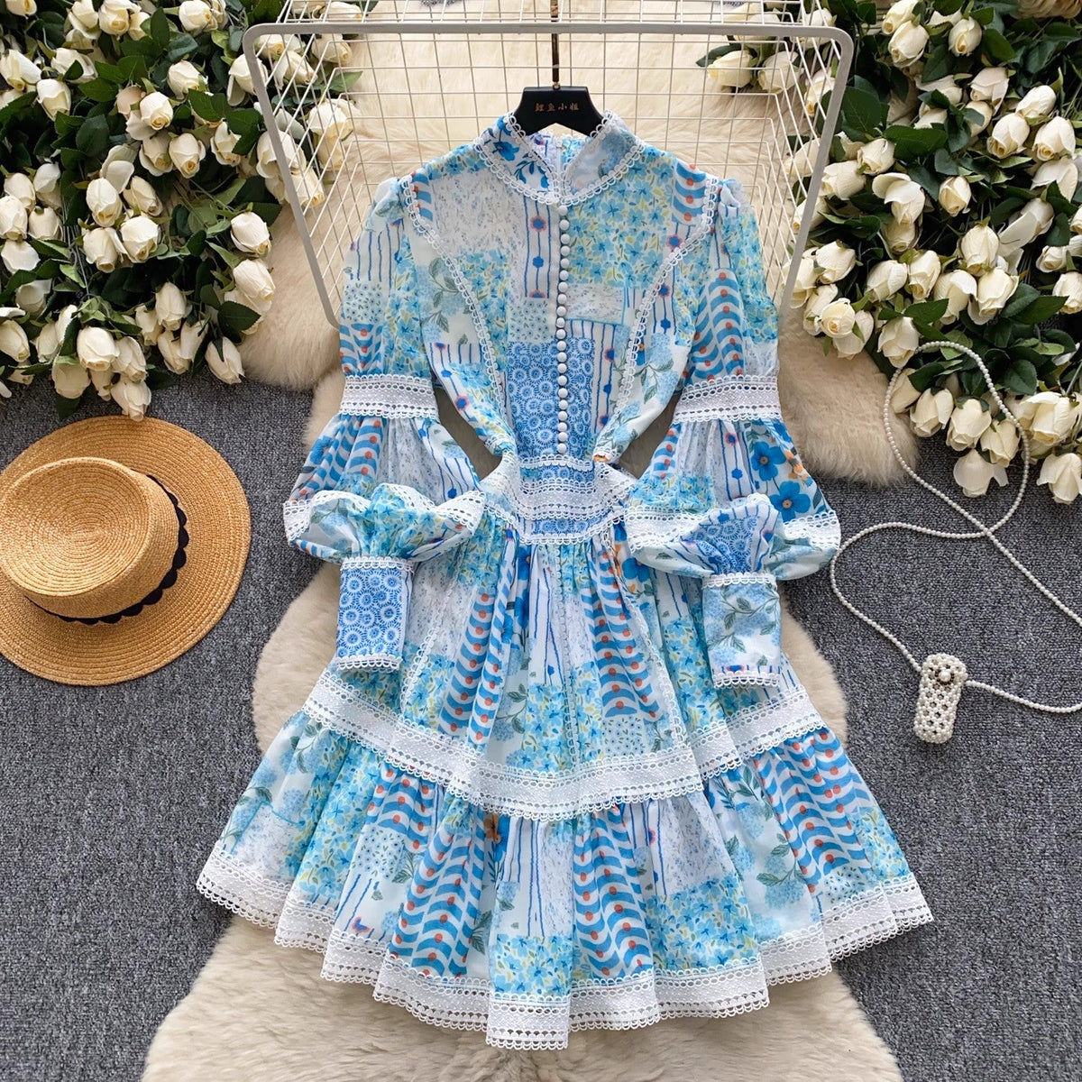 Elegant Vintage Hollow Out Print Women Dresses Sky Blue Mini Dresses - Tophatter Daily Deals