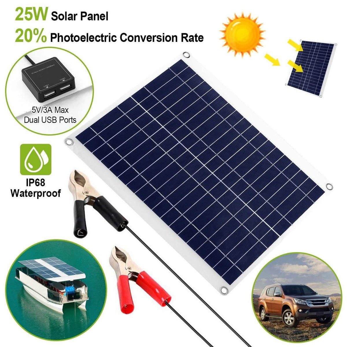 Outdoor Solar Panel 12V 25W Car Battery Charger Automotive - Tophatter Daily Deals