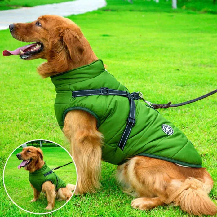 Waterproof Dog Jacket Sherpa Lined Built In Harness Green - Tophatter Daily Deals