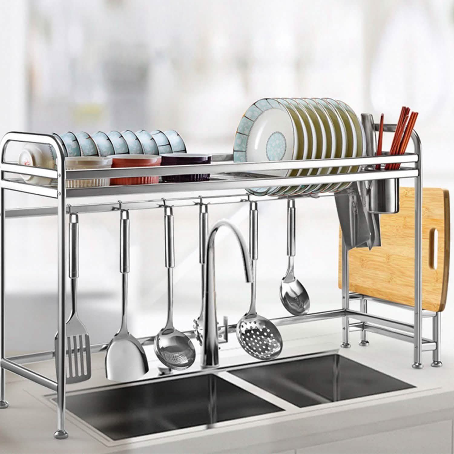 Over Sink Dish Drying Rack with Cutlery Holder Kitchen Storage - Tophatter Daily Deals