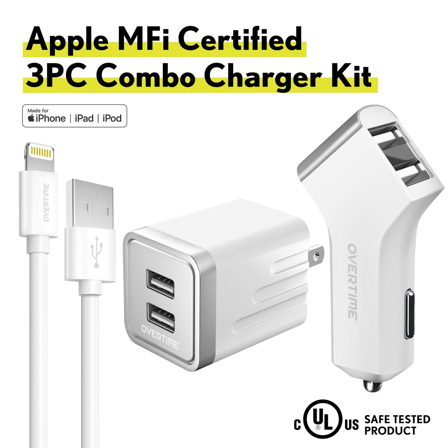 Overtime Home and Car Complete Charging Kit: Fast Wall & Car Chargers + Durable Lightning Cable Charging Cable - Tophatter Daily Deals