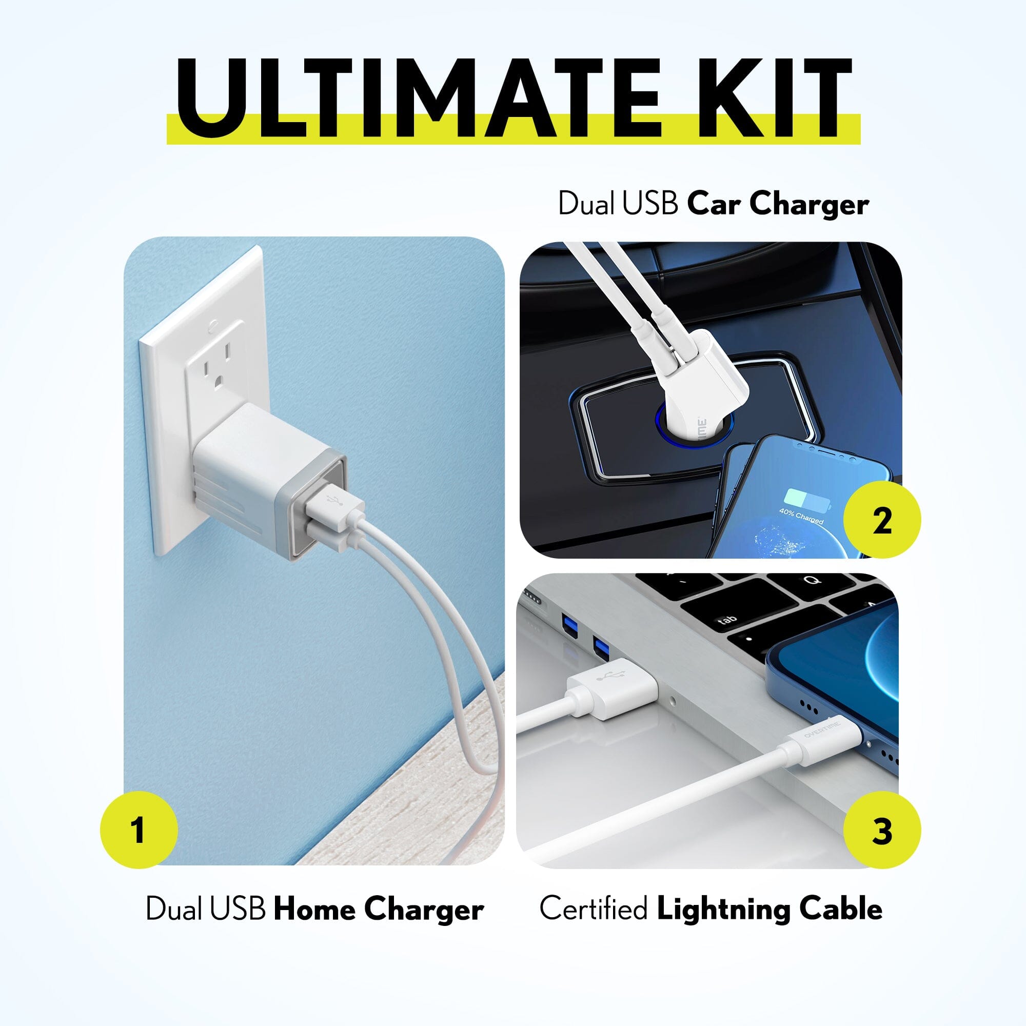 Overtime Home and Car Complete Charging Kit: Fast Wall & Car Chargers + Durable Lightning Cable Charging Cable - Tophatter Daily Deals