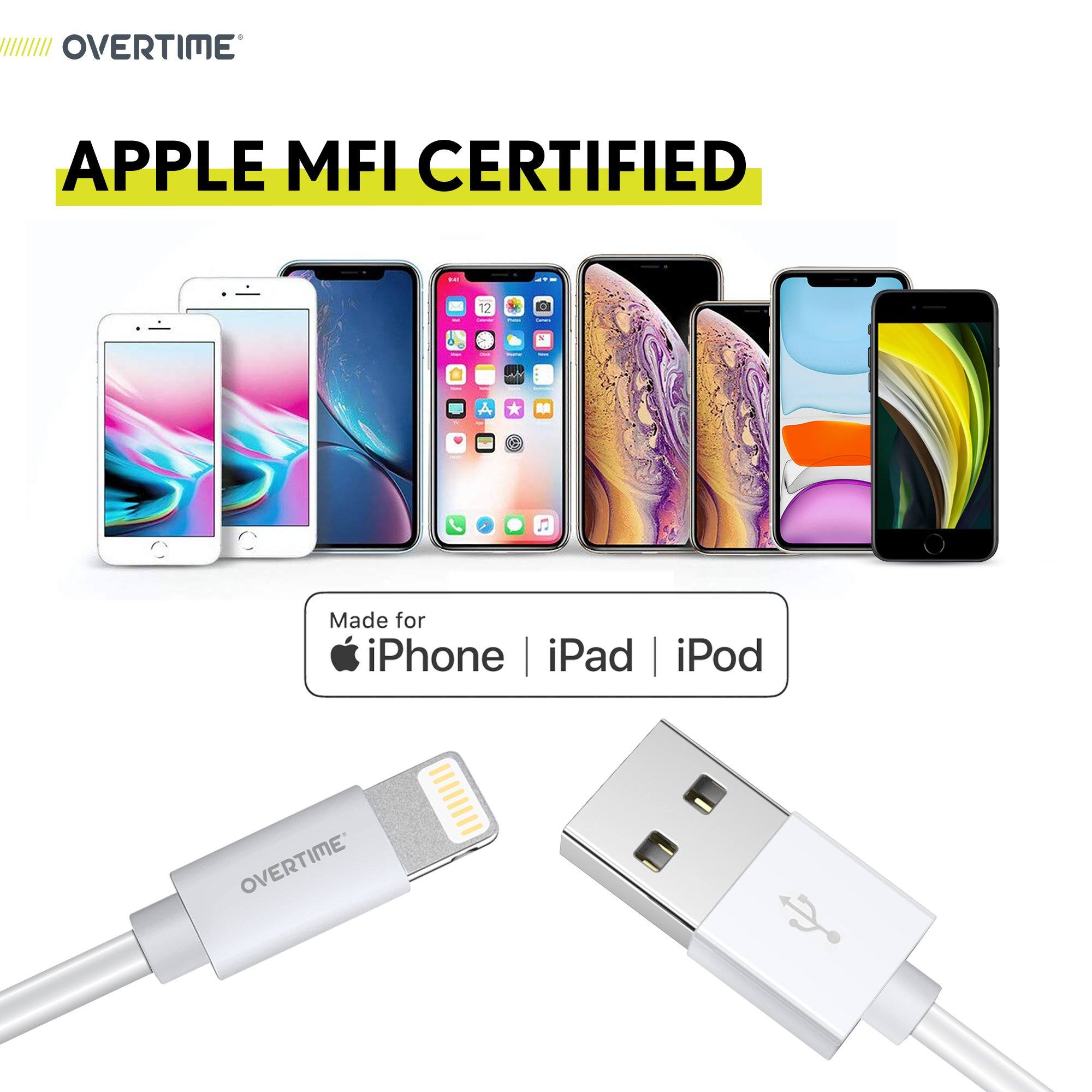 Overtime iPhone Charger Set | Apple MFi Certified Lightning Cable 6ft with Dual USB Wall Charger Adapter - White Charging Cable - Tophatter Daily Deals